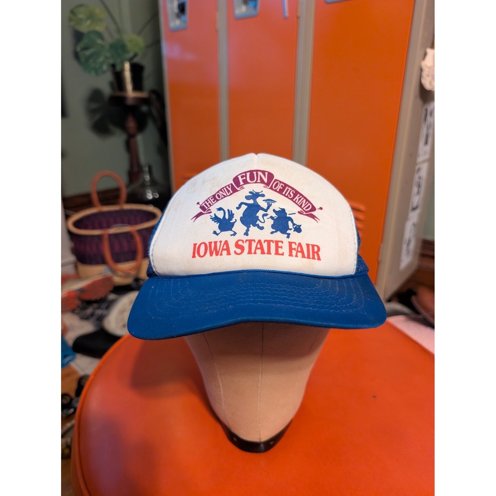 Vintage Iowa State Fair Trucker Hat Headwear Blue White Snapback Mesh Cap